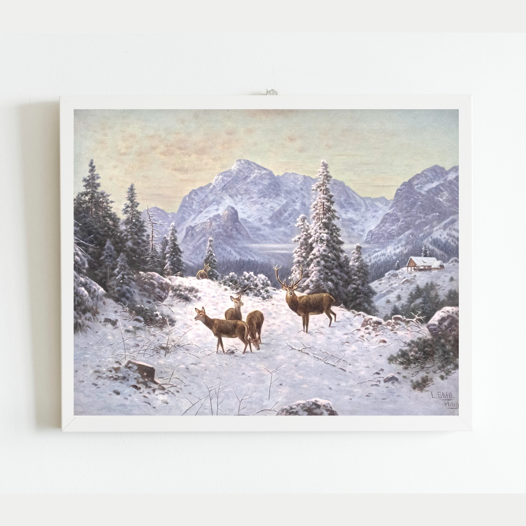 Winter Deer Landscape Antique Art Print