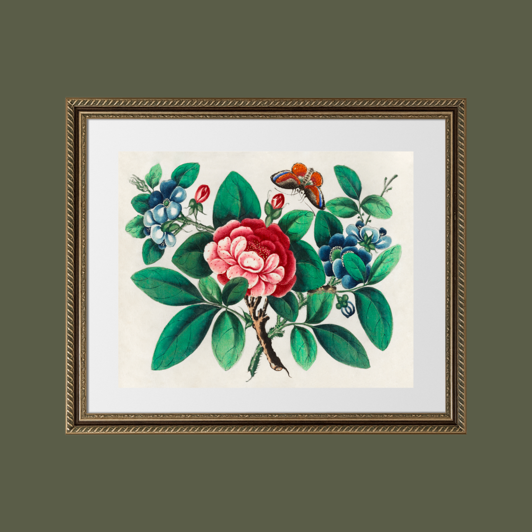 Flowers & a Butterfly I Antique Art Print