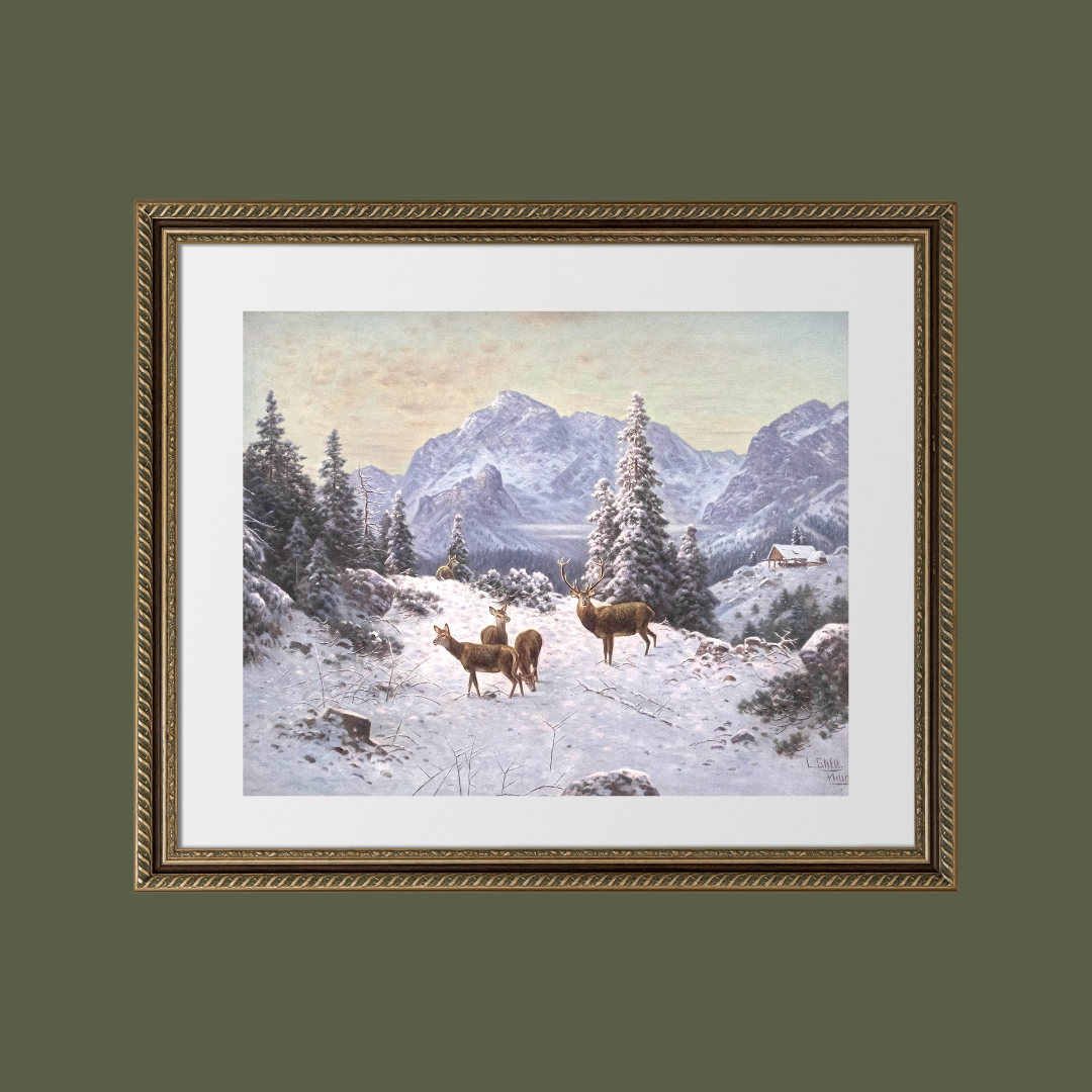 Winter Deer Landscape Antique Art Print