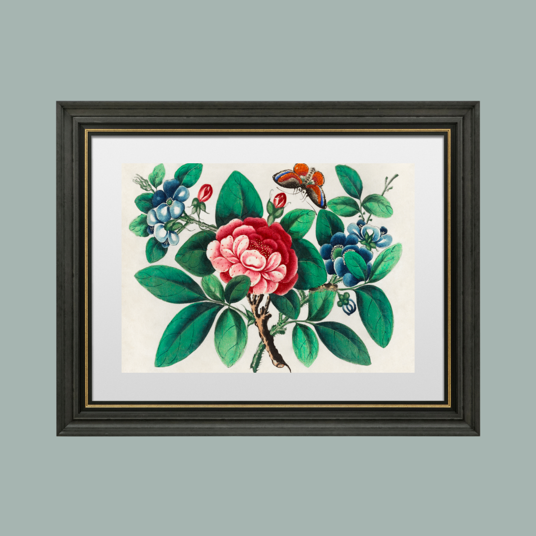 Flowers & a Butterfly I Antique Art Print