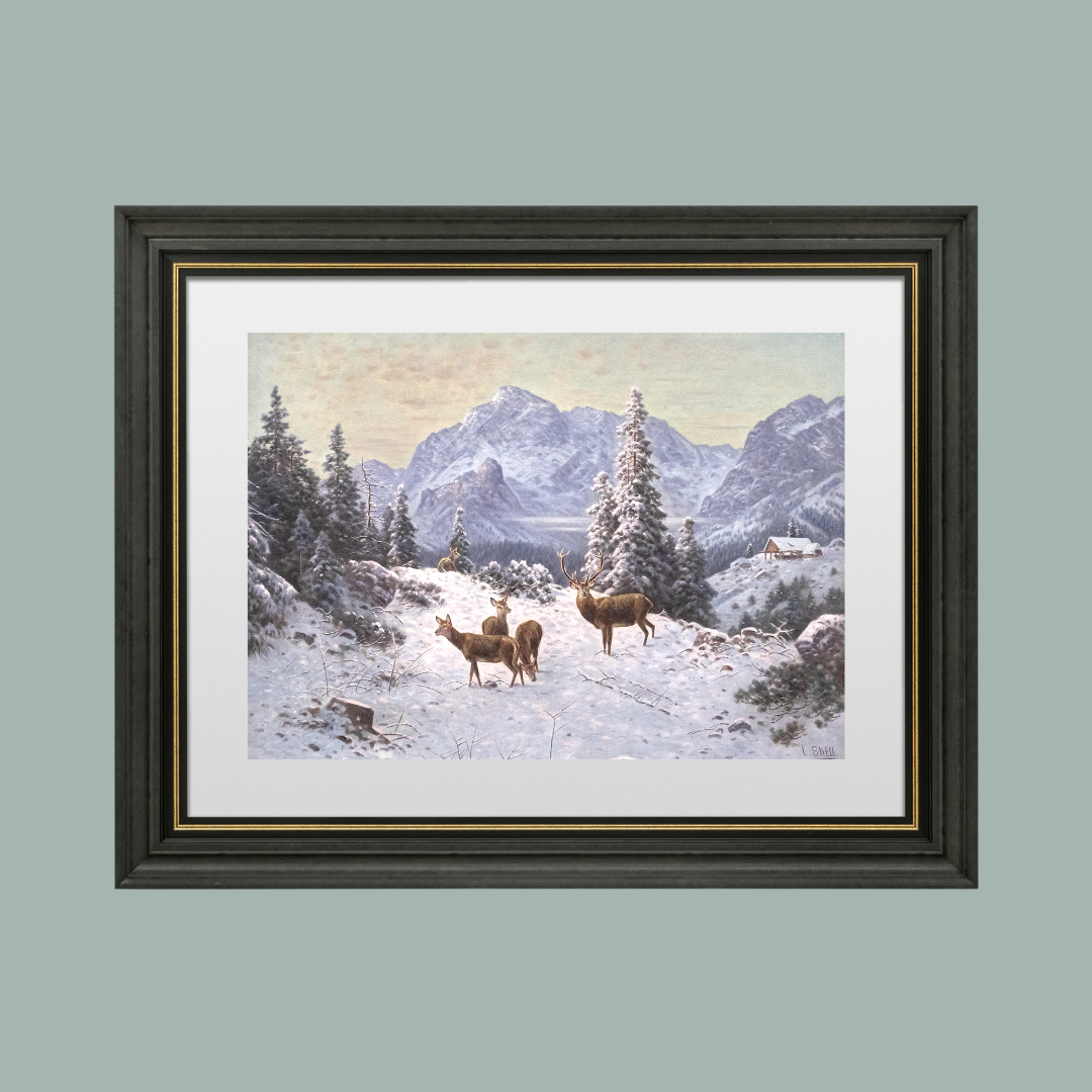 Winter Deer Landscape Antique Art Print