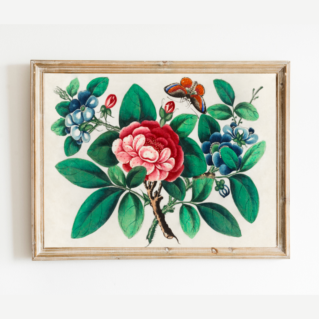 Flowers & a Butterfly I Antique Art Print