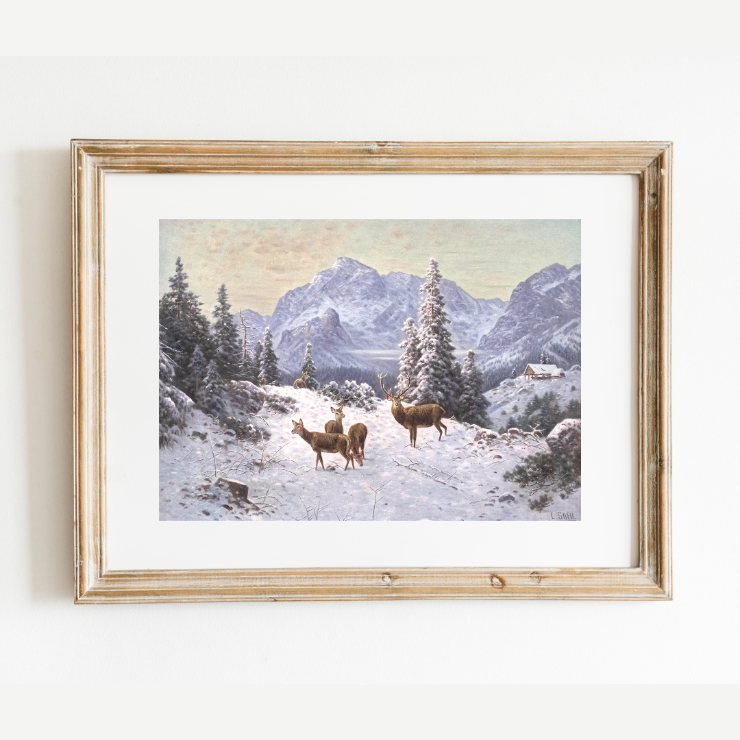 Winter Deer Landscape Antique Art Print