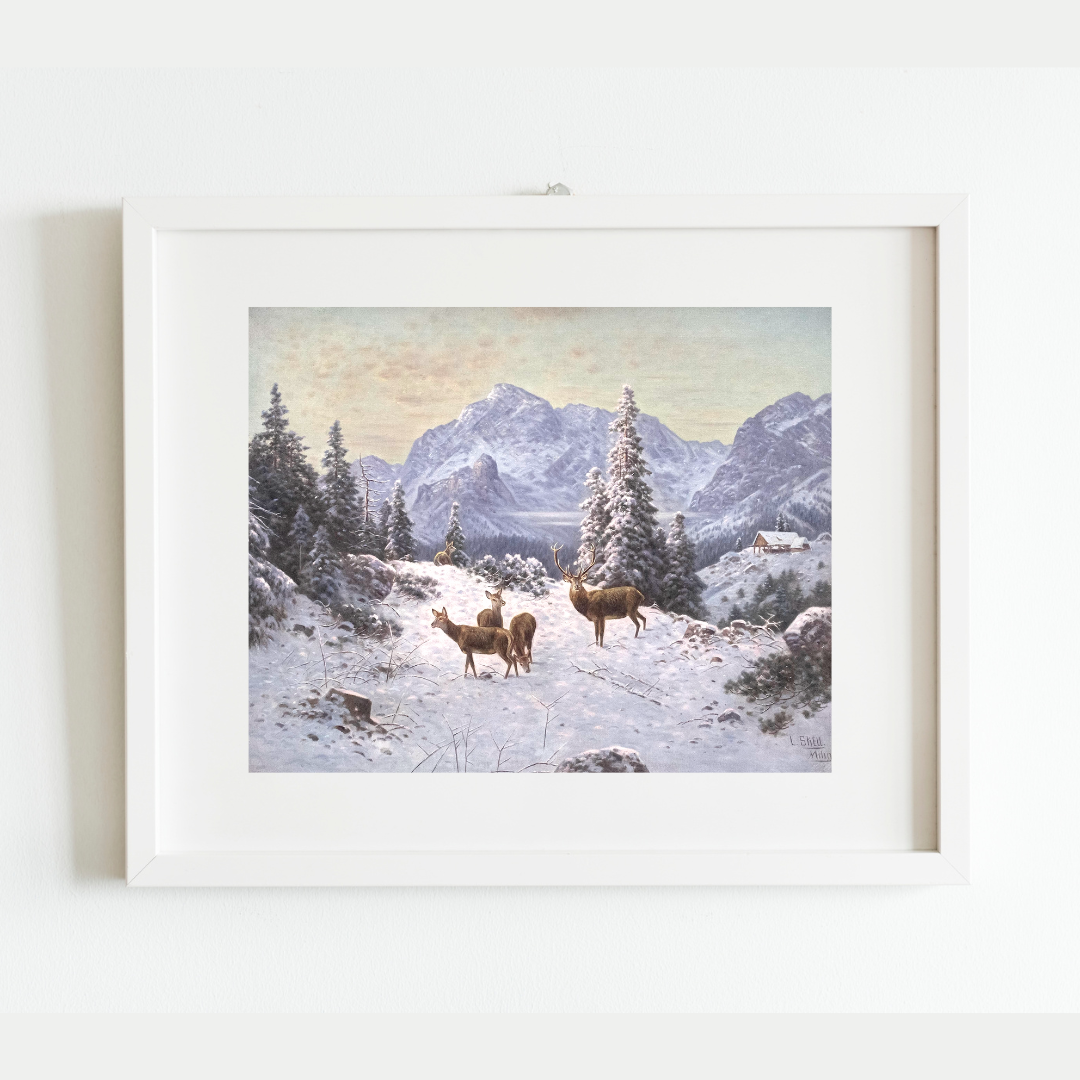 Winter Deer Landscape Antique Art Print