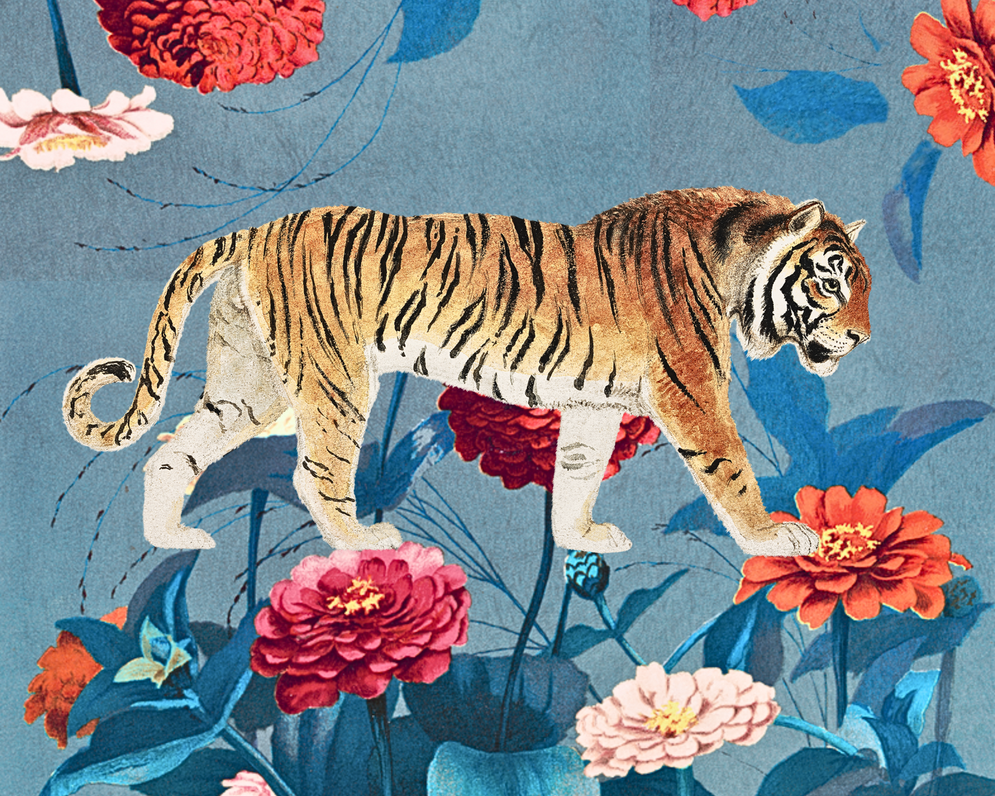 Tiger Walking on Flowers Art Print
