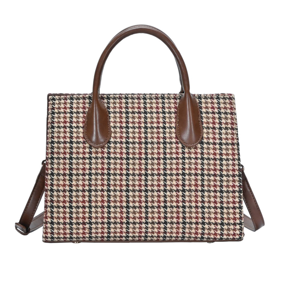 Tote bag with houndstooth print chestnut brown ladies