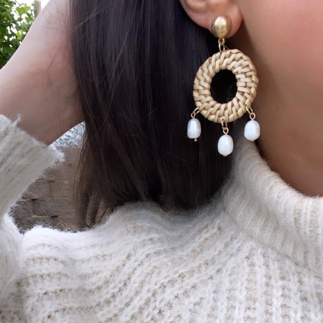Wicker & Pearl Drop Hoop Earrings