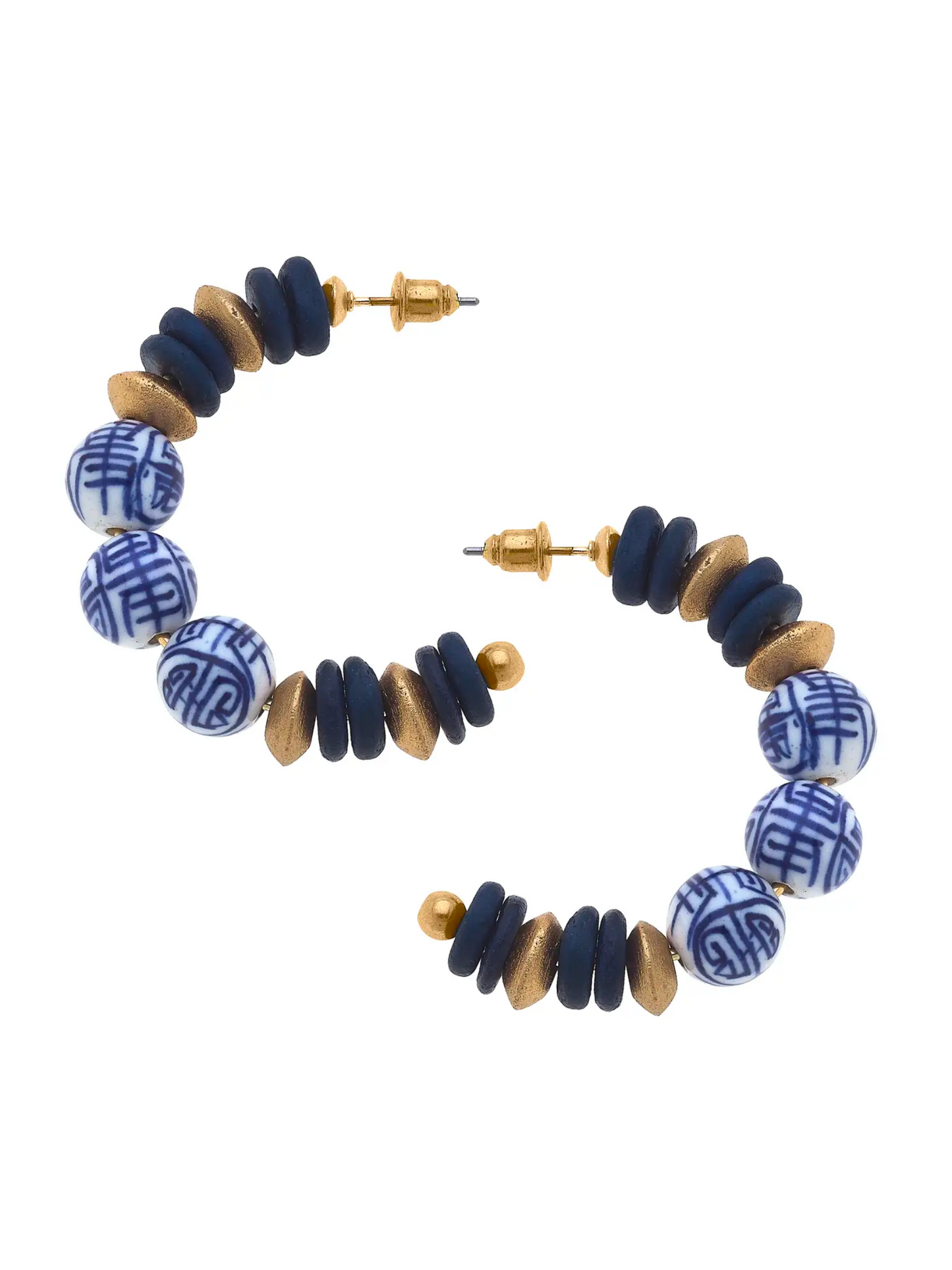Chinoiserie & Painted Wood Hoop Earrings in Navy