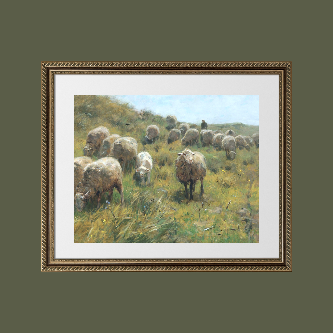 Sheep with Shepherd Antique Art Print