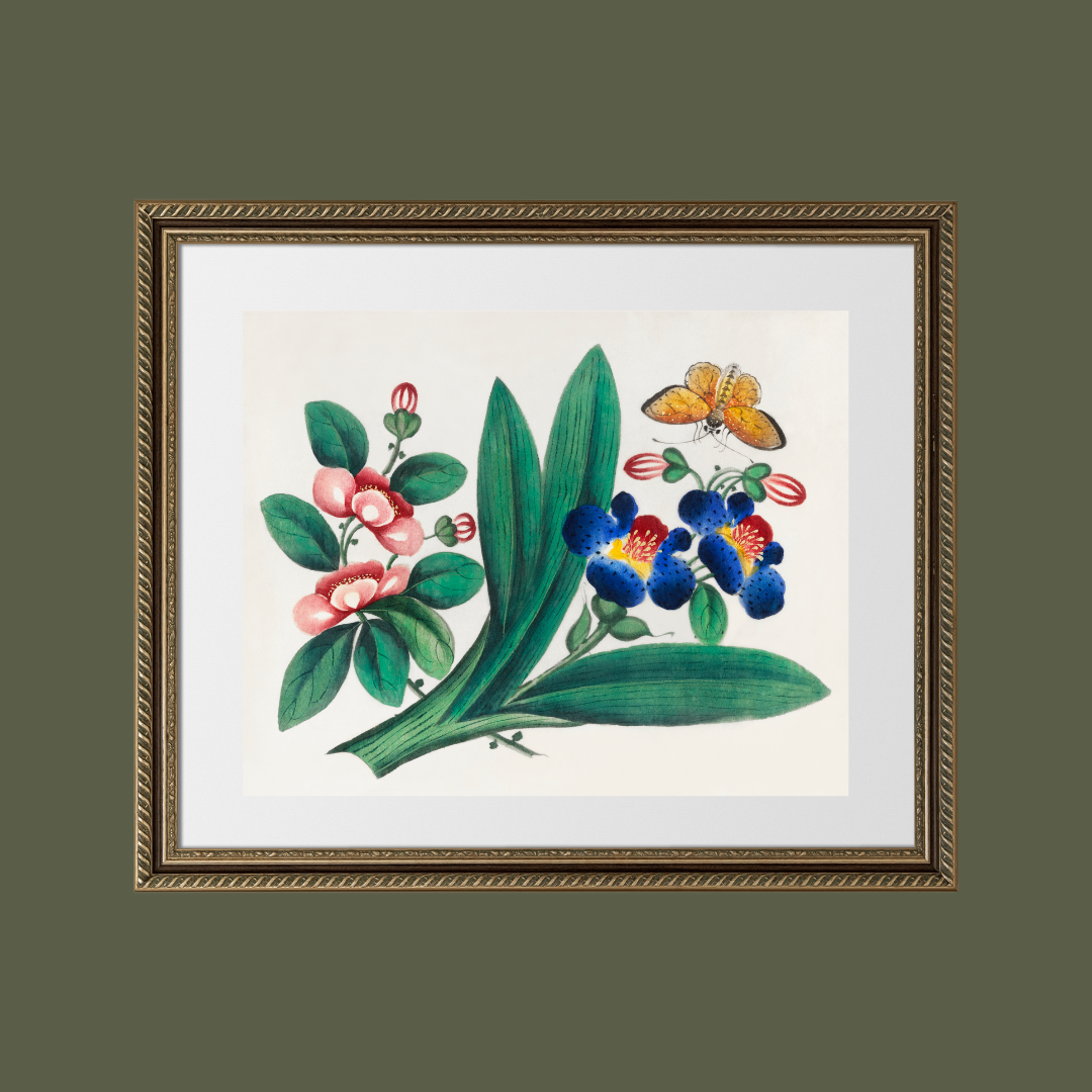 Flowers & a Butterfly II Antique Art Print