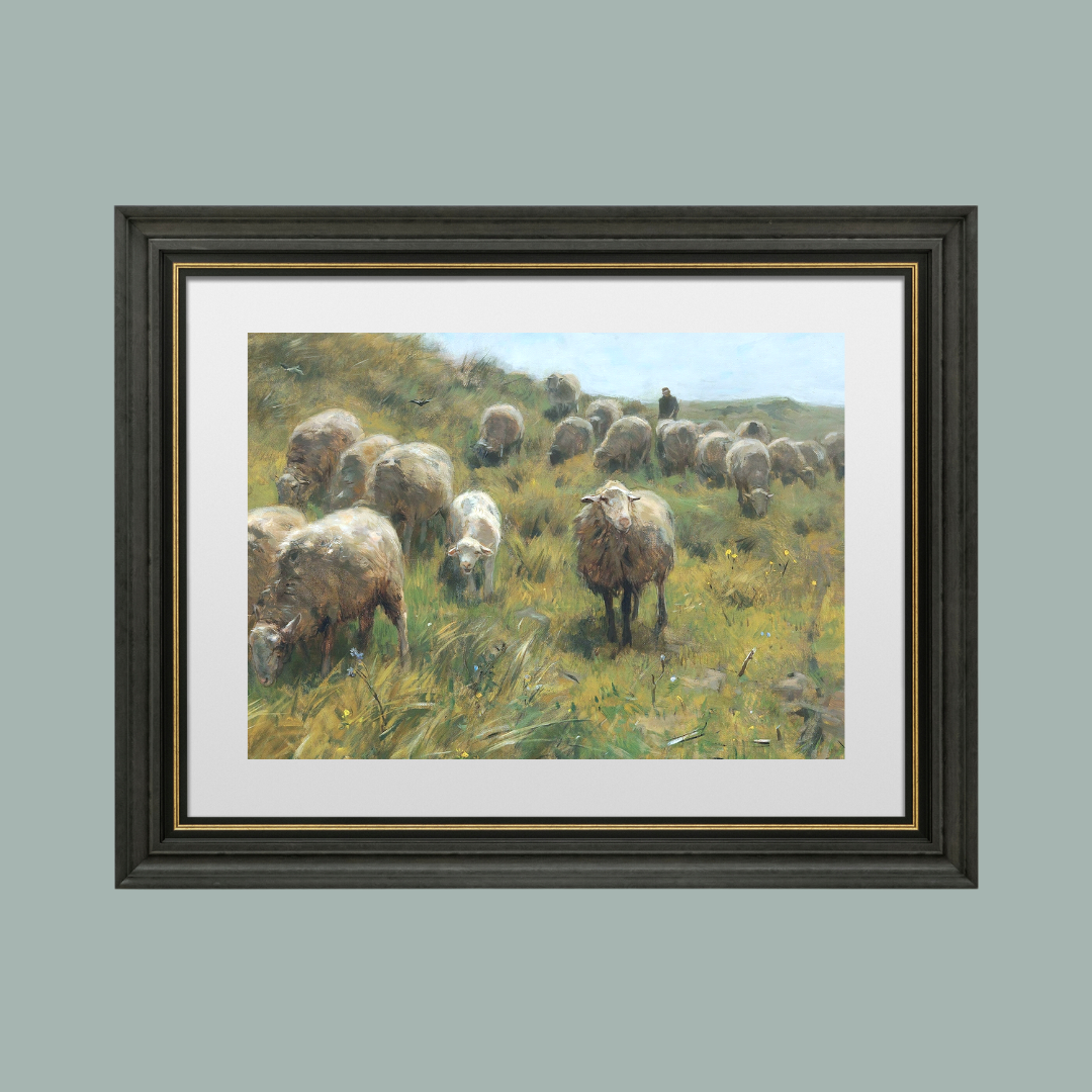 Sheep with Shepherd Antique Art Print