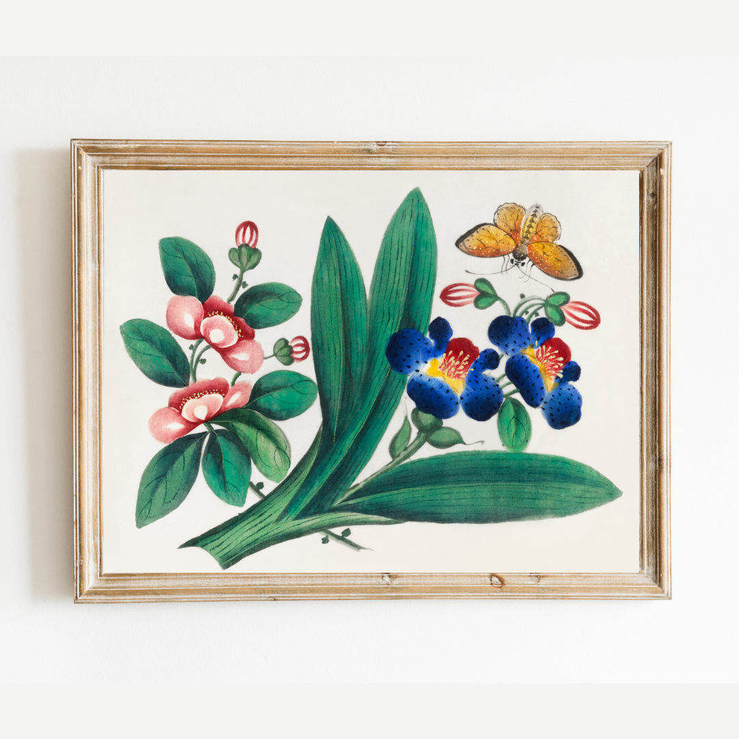 Flowers & a Butterfly II Antique Art Print