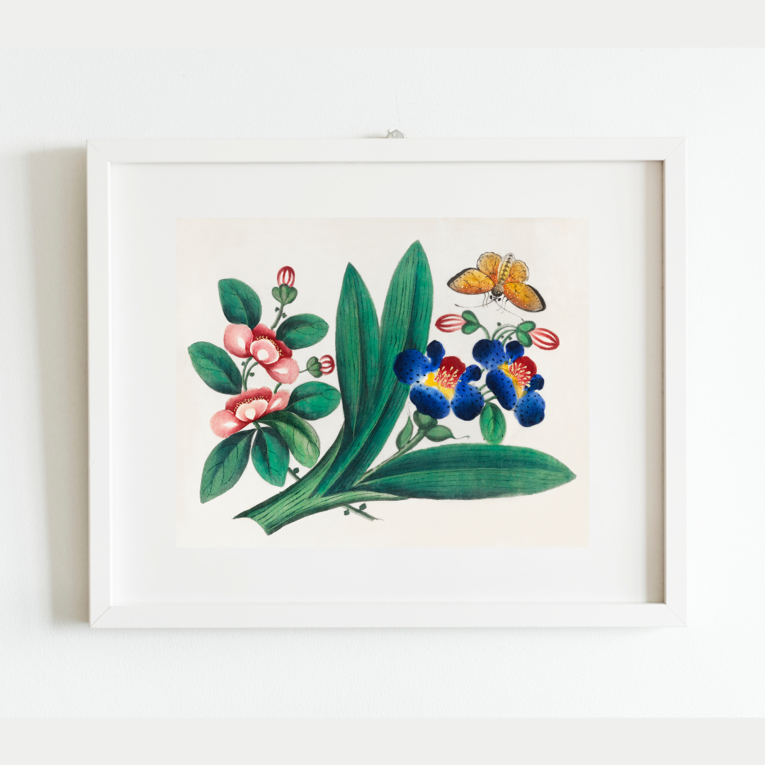 Flowers & a Butterfly II Antique Art Print