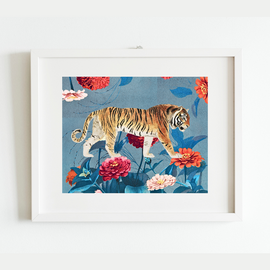 Tiger Walking on Flowers Art Print