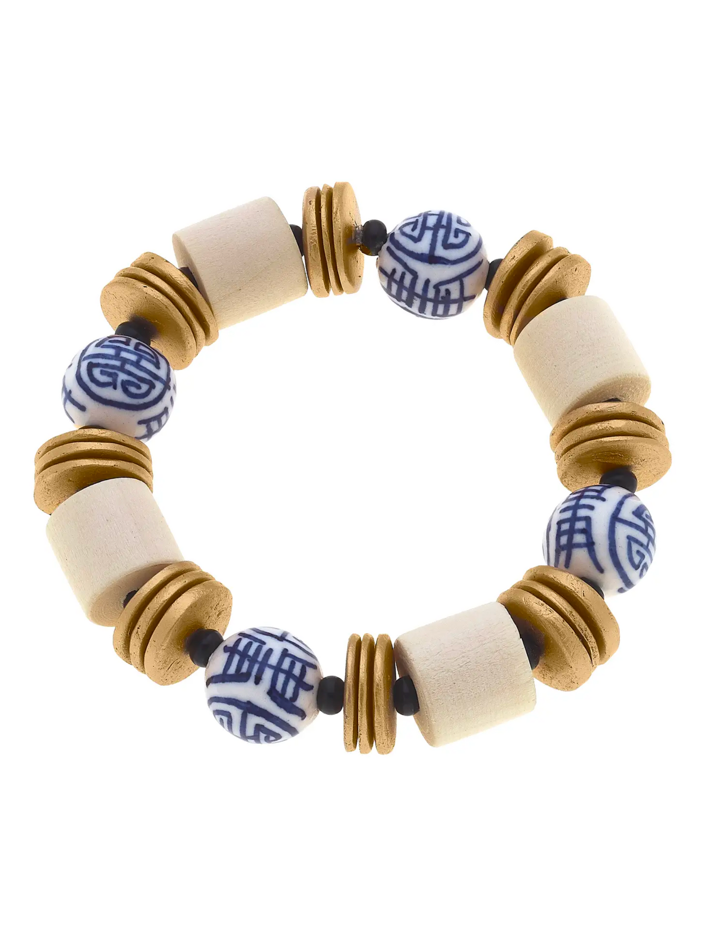 Chinoiserie & Painted Wood Stretch Bracelet in Ivory