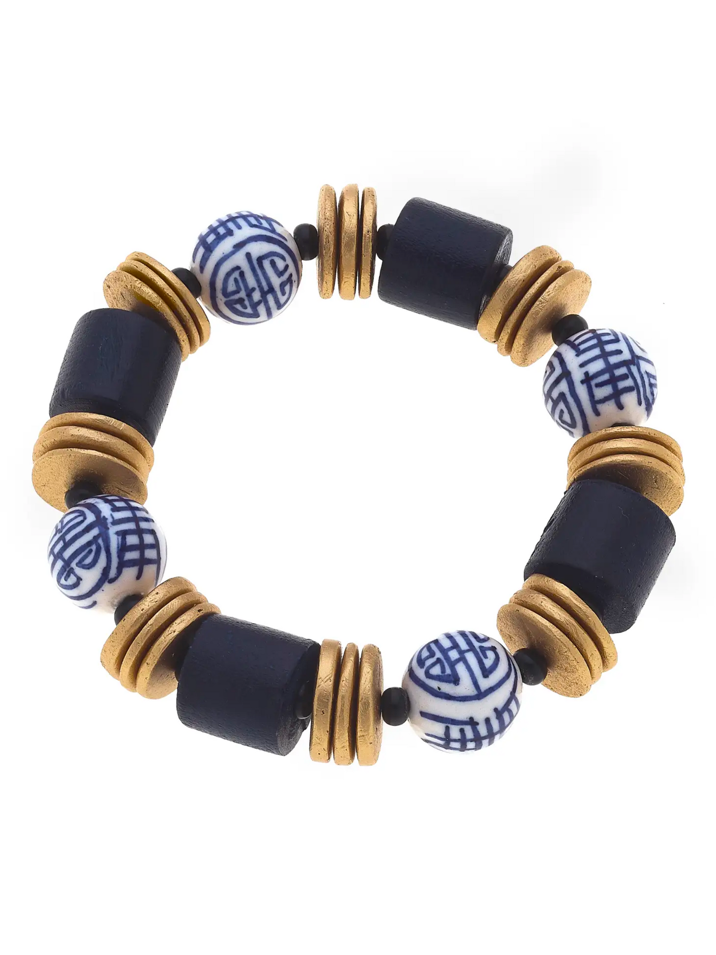 Chinoiserie & Painted Wood Stretch Bracelet in Navy