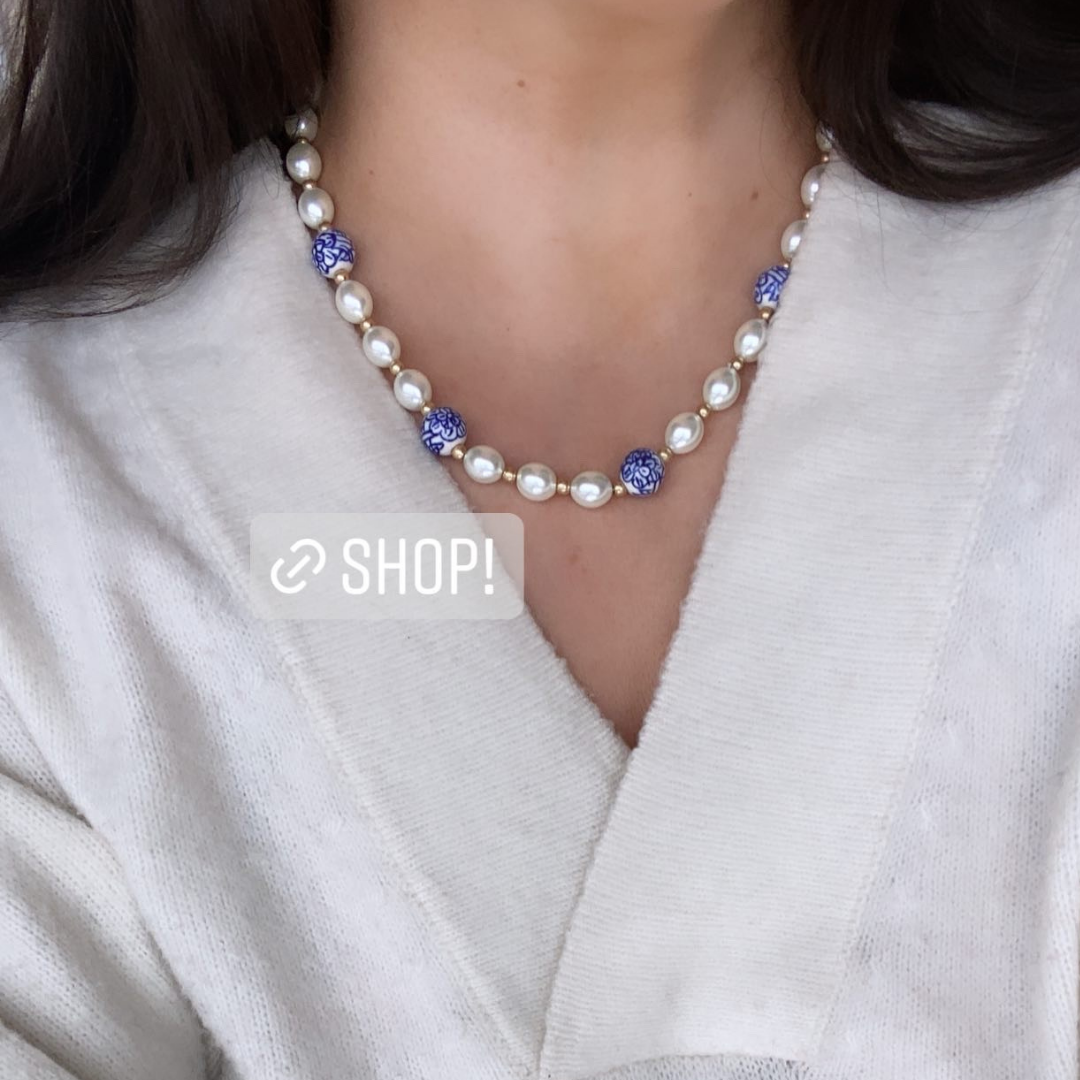 Chinoiserie & Pearl Beaded Necklace